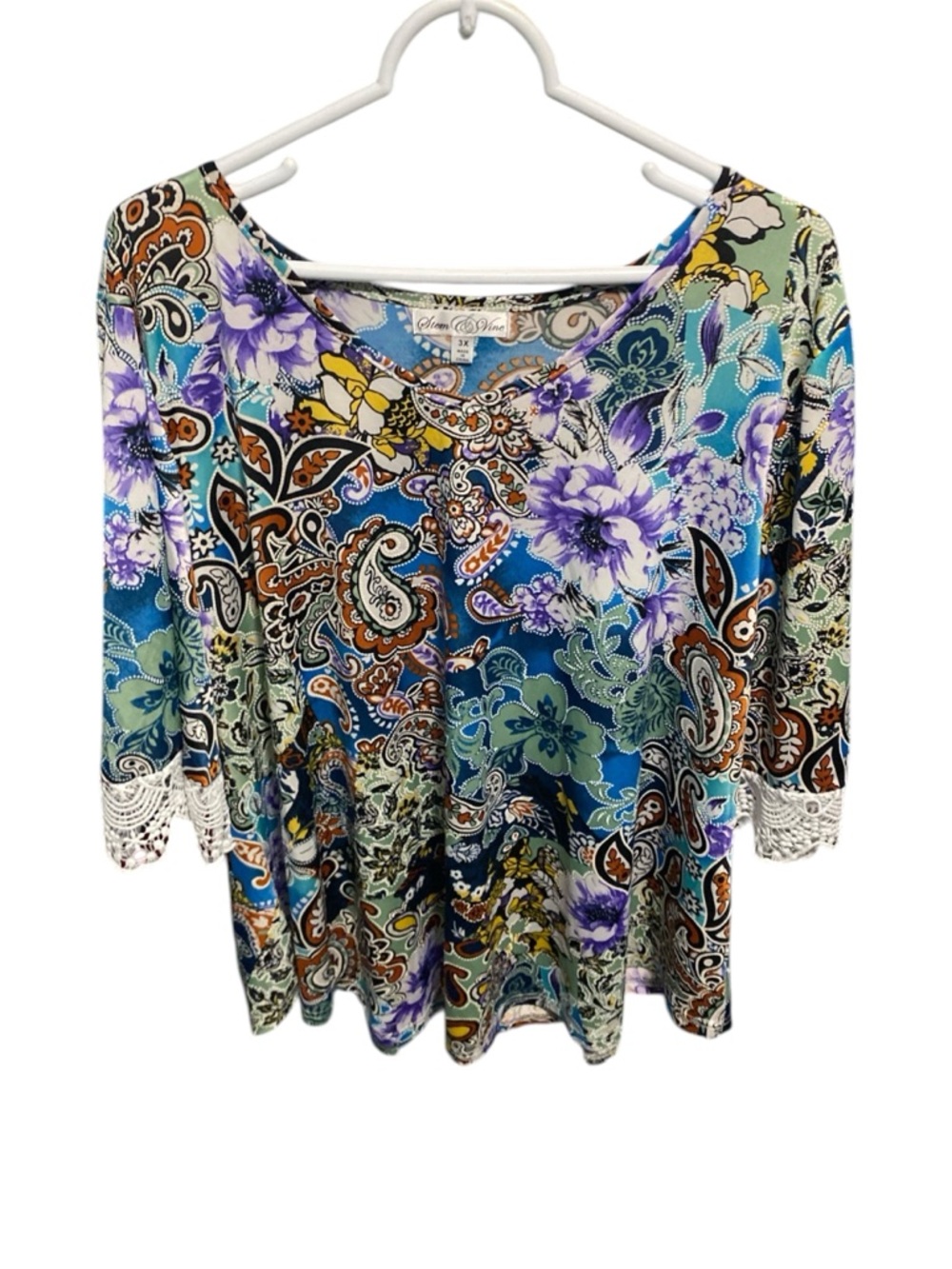 Floral Paisley V-Neck Tunic with Lace Cuffs in Blue and Purple